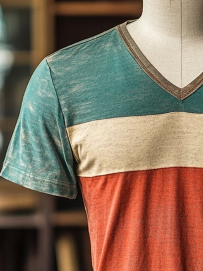 Men's vintage-look colorblock V-neck short-sleeved T-shirt