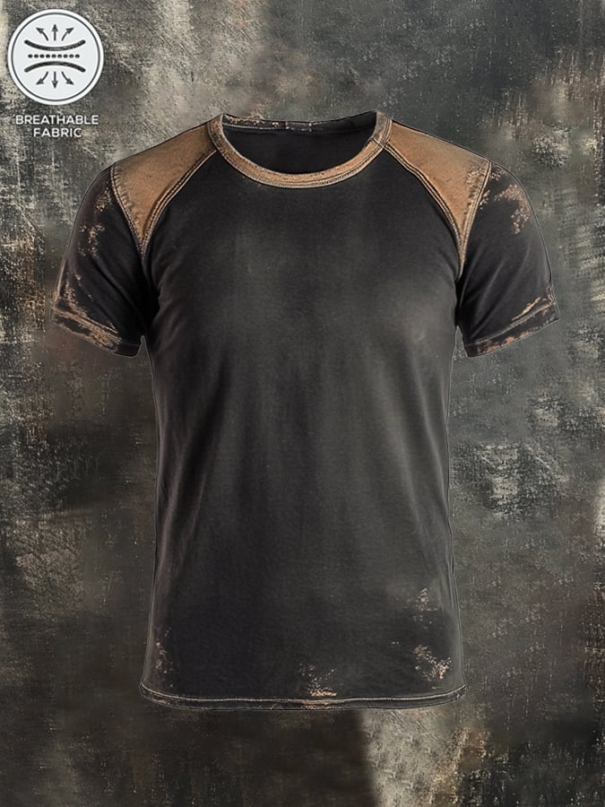 Men's Retro Washed Colorblock Casual Washed Round Neck Short Sleeve T-Shirt