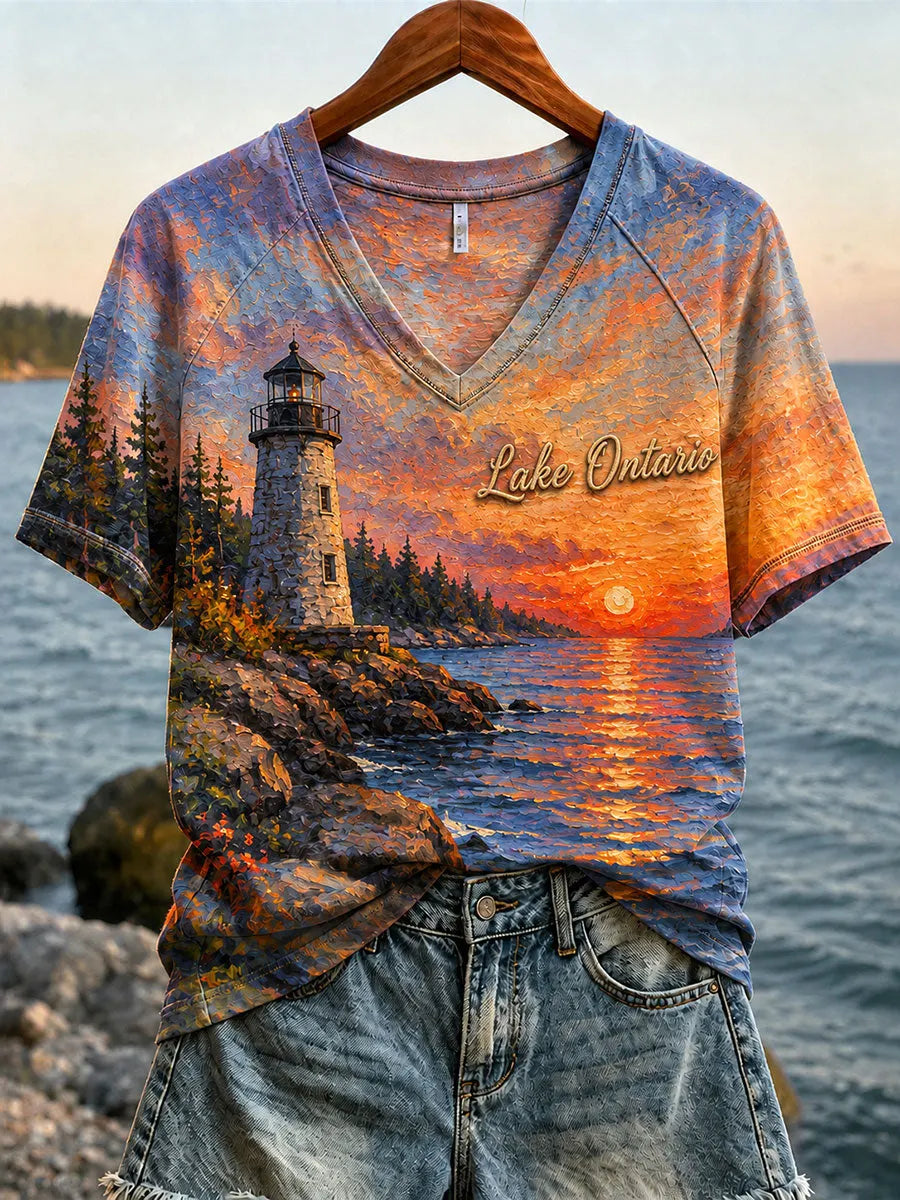 Women's Casual Retro Lake Ontario Landscape Print V-neck Short Sleeve T-shirt