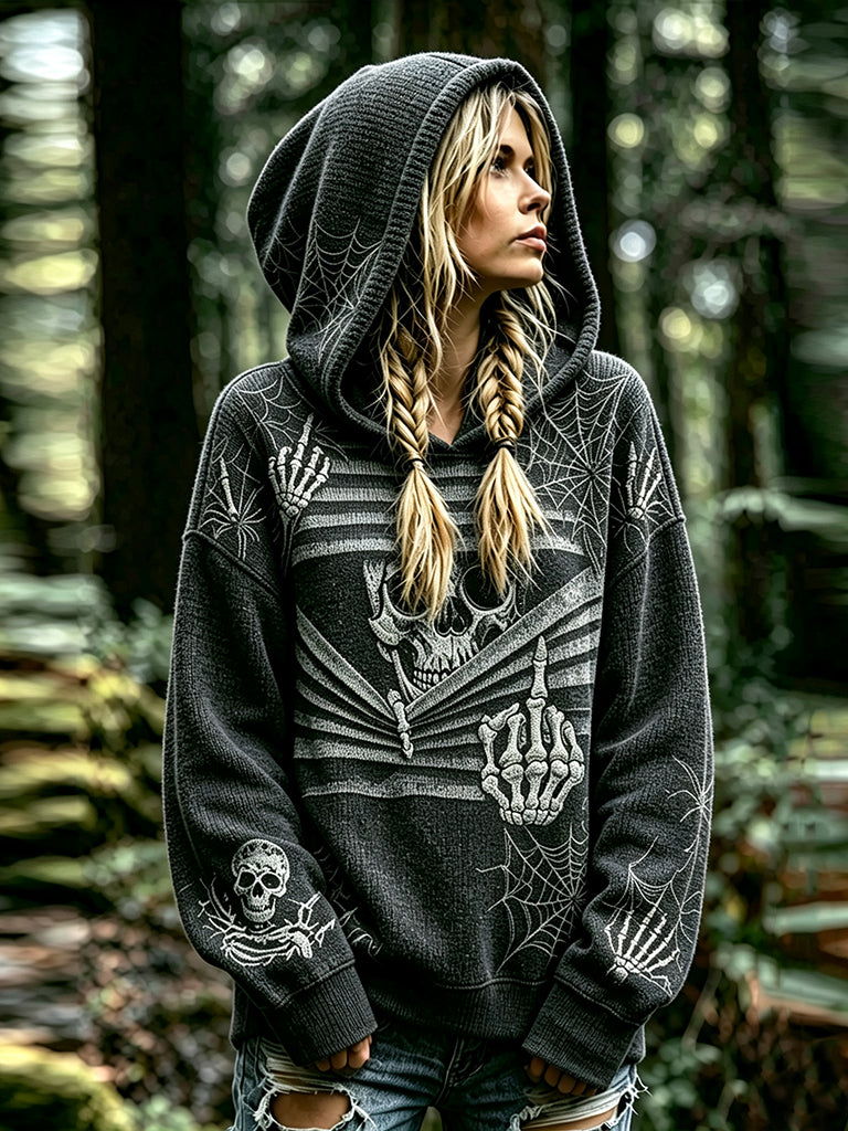 Women's Retro Halloween Skull And Spider Web Knit Hooded Sweater