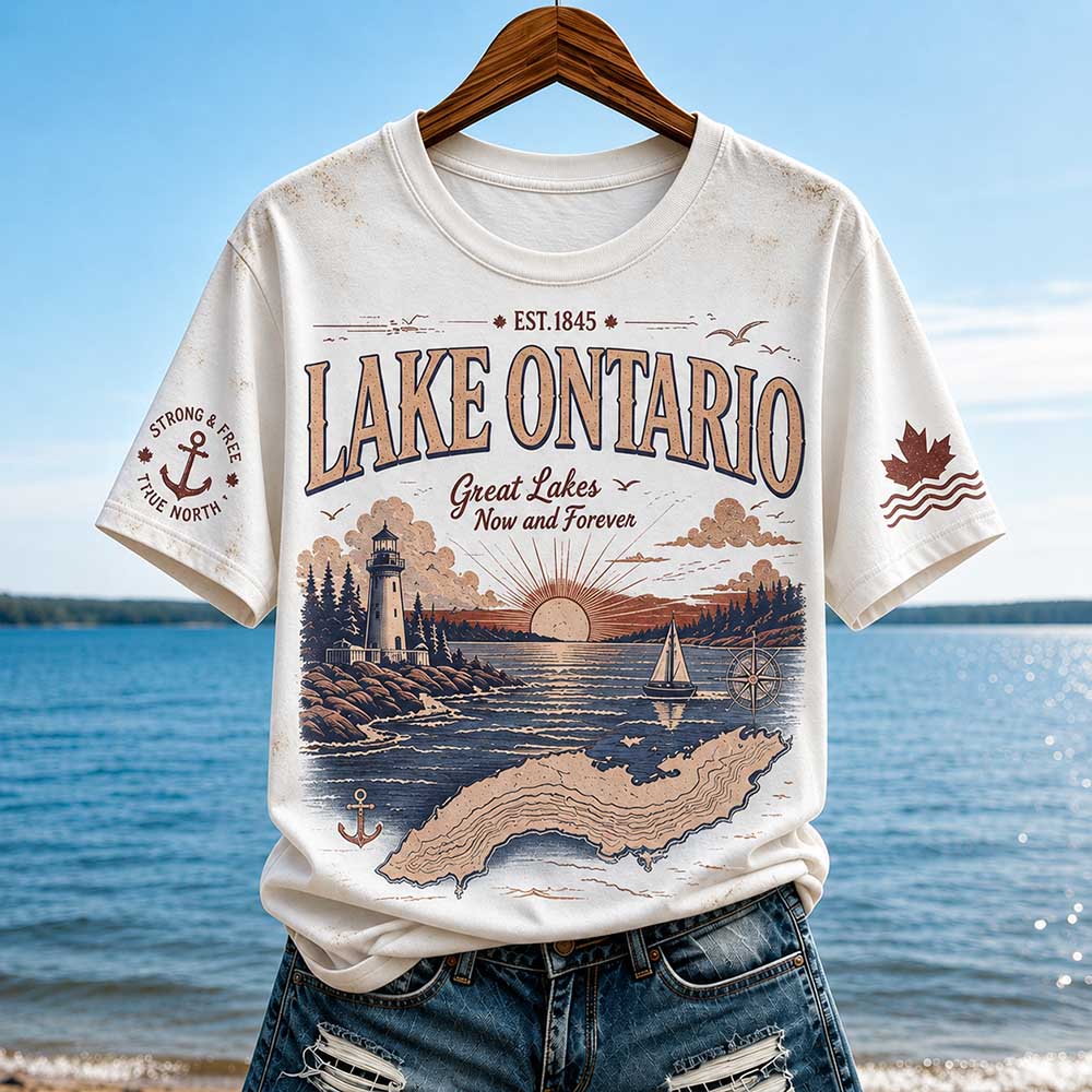 Women's Lake Ontario Graphic T-shirt - Sunset Landscape & Lighthouse Print