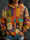 Men's Hippie Collage Peace Sign Flower Guitar Pattern Print Hoodie