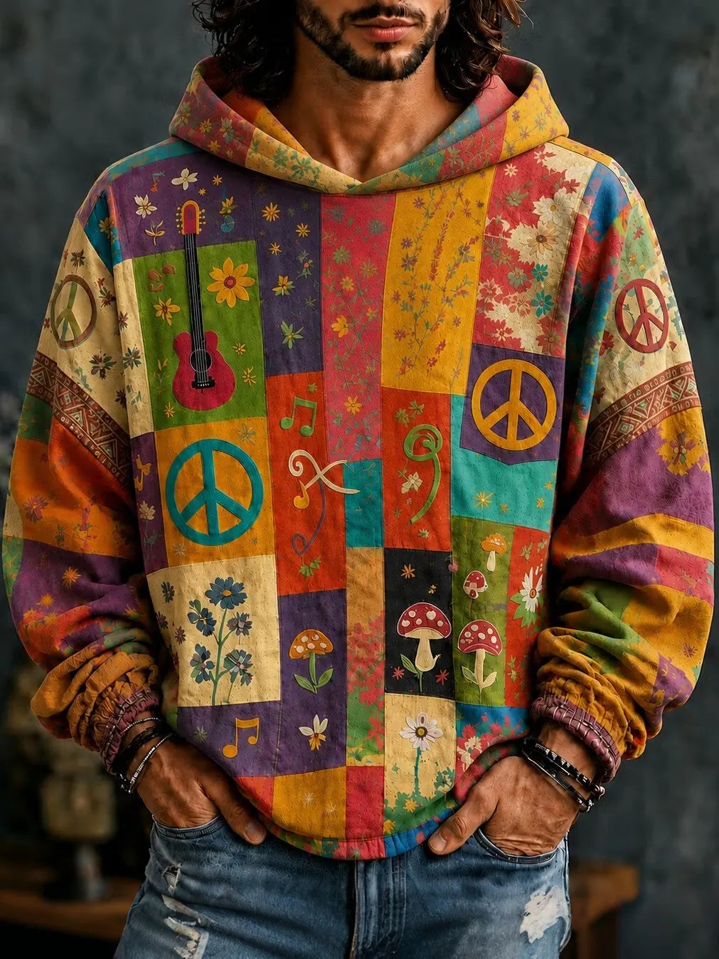 Men's Hippie Collage Peace Sign Flower Guitar Pattern Print Hoodie