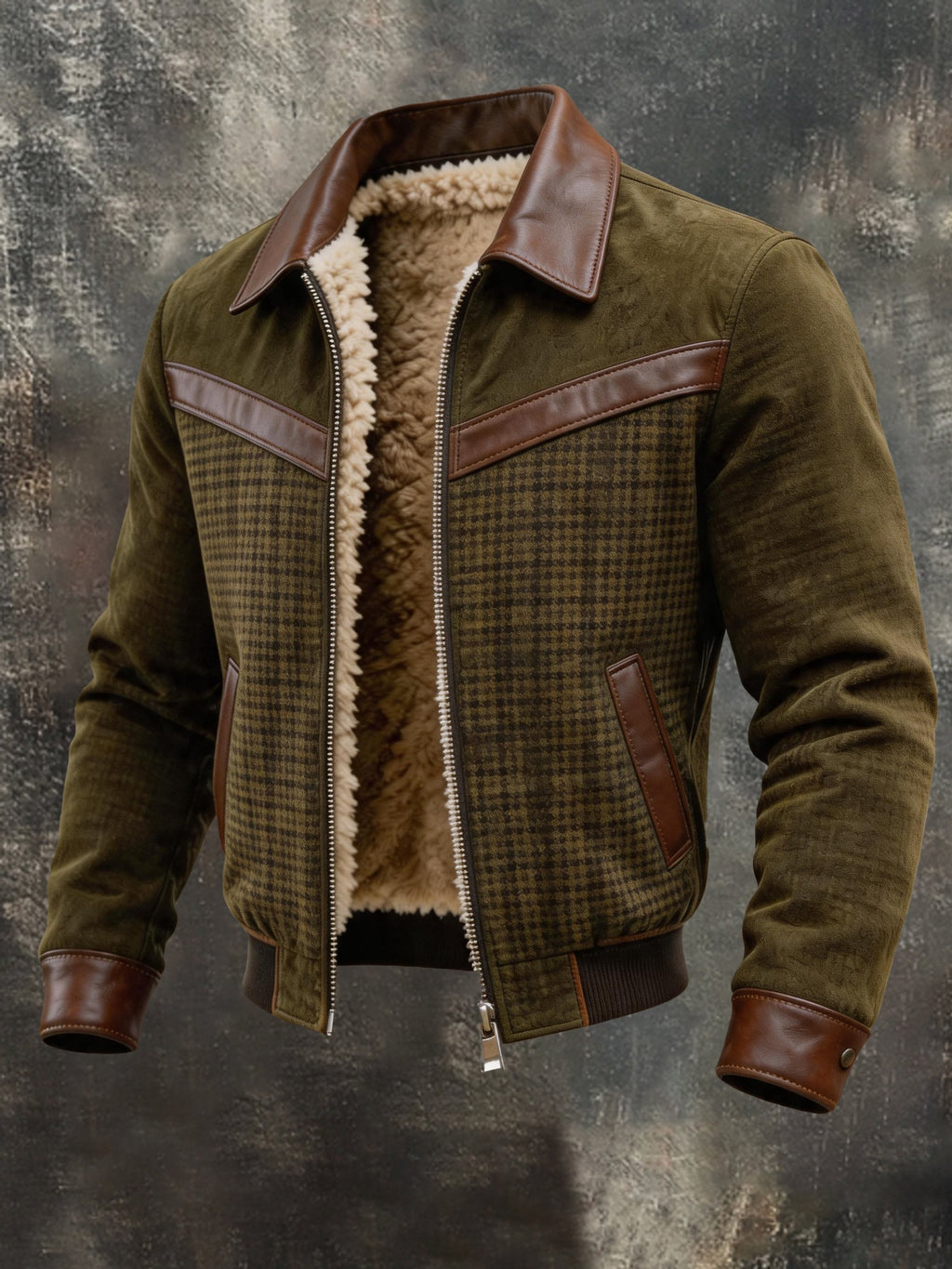Men's Vintage Faux Leather-Panelled Fleece-Lined Warm Jacket