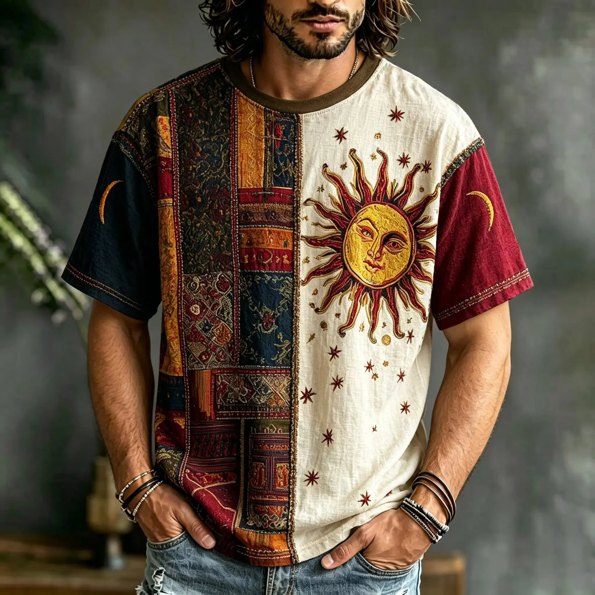 Men's Retro Bohemian Half Ethnic Half Celestial Print Crew Neck Short Sleeve T-Shirt