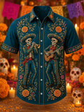 Men's Day Of The Dead Skeleton Musicians Playing Trumpet And Guitar Print Short Sleeve Buttons Shirt