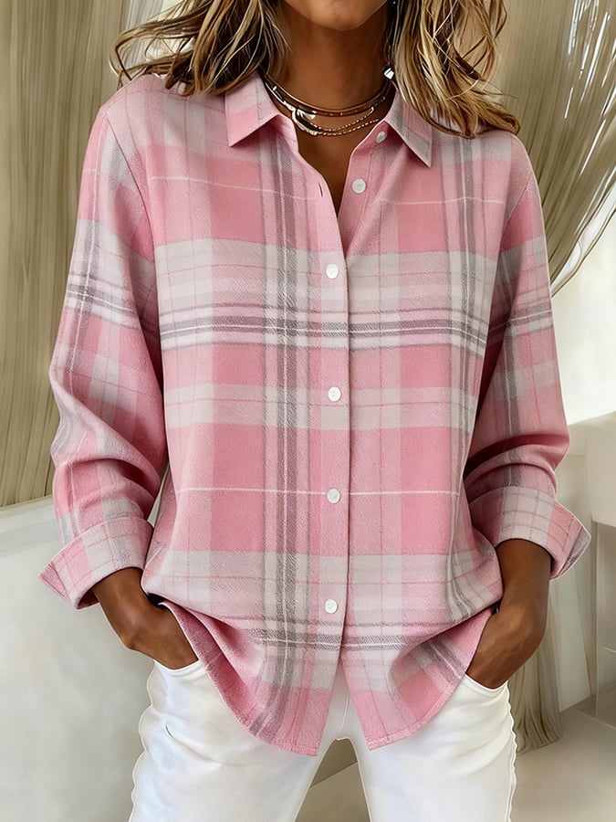 Women's casual pink plaid shirt