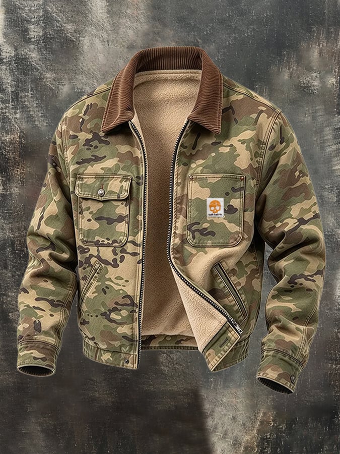 Men'S Retro Fleece-Lined Warm Color-Block Corduroy Jacket With Camouflage Paneling