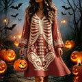 Vintage Halloween Anatomy And Rose Art Casual Long-sleeve Dress