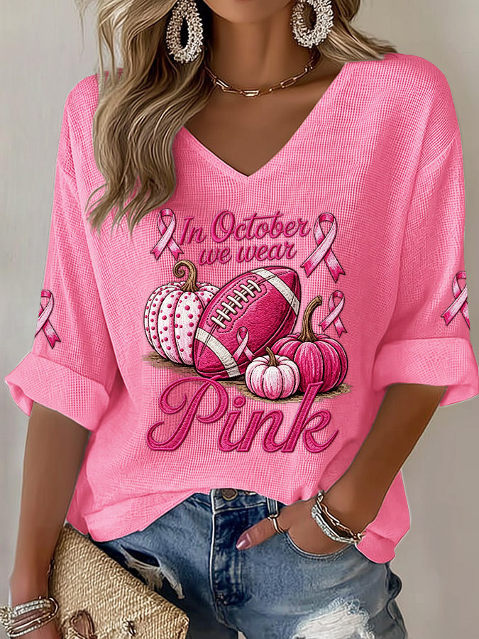 Women's Pink Pumpkin Rugby Waffle Top