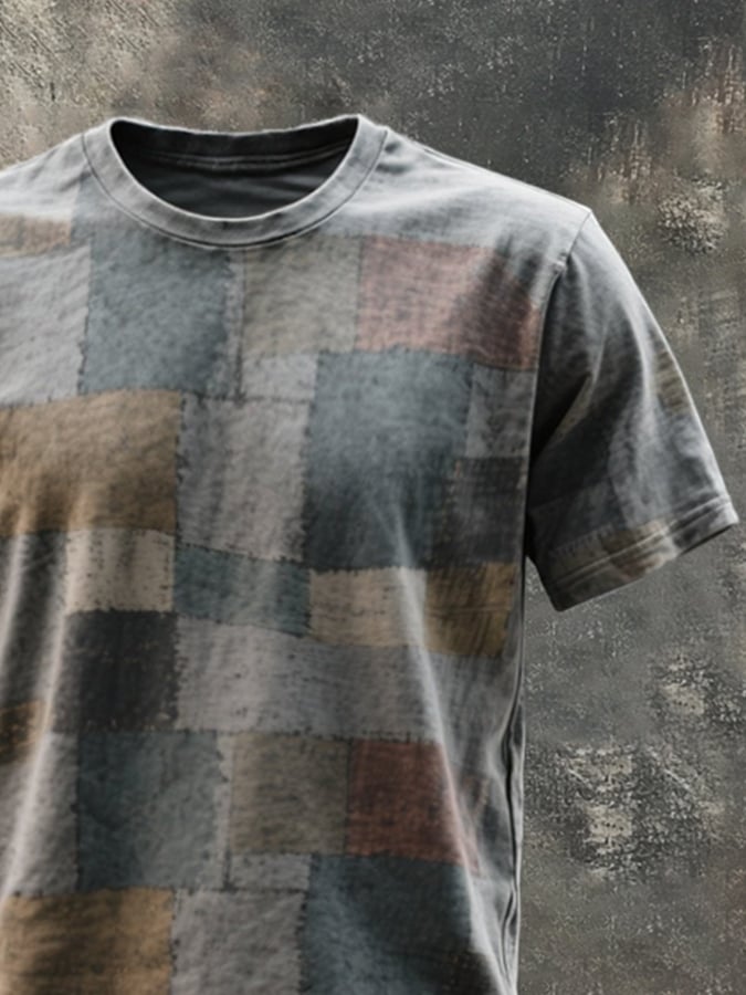 Men's retro washed color block round neck short sleeve t-shirt
