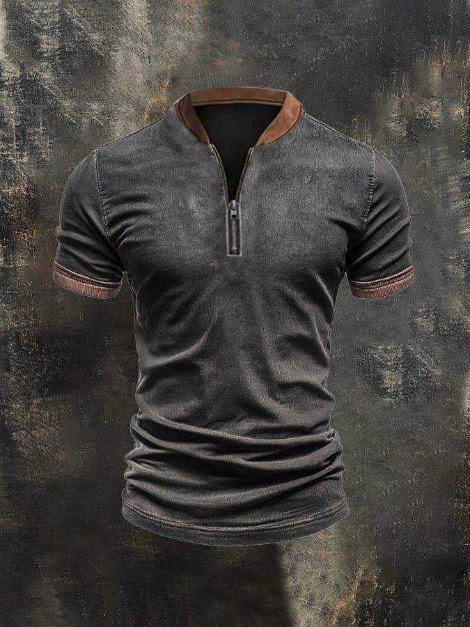 Men's casual retro print polo shirt with zip and stand-up collar