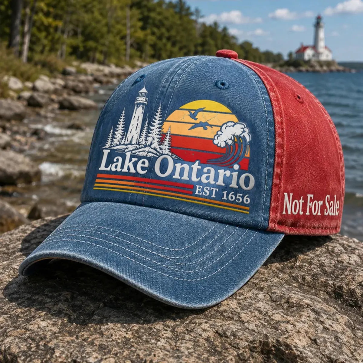 Retro Color-blocked Lake Ontario Landscape Print Baseball Cap