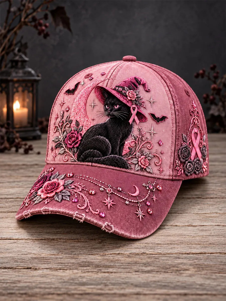 Women’s Breast Cancer Awareness Witch Cat Floral Rhinestone Baseball Cap