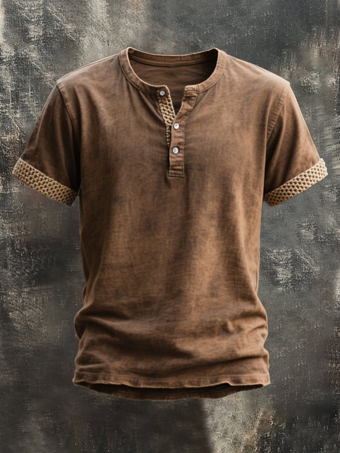 Men's Vintage Distressed Colorblock Casual Henley Short Sleeve T-Shirt