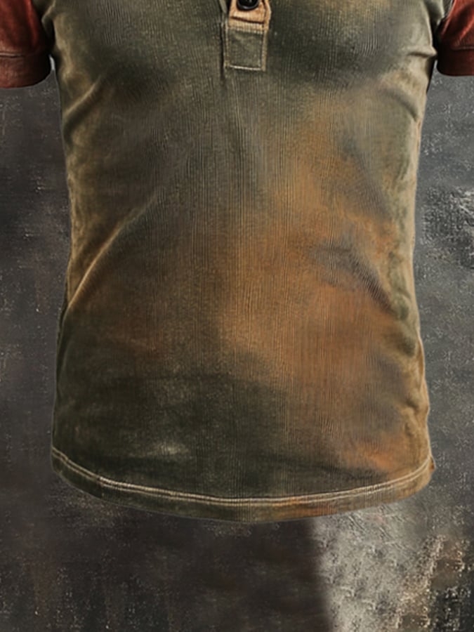 Men's Washed Colorblock Cotton Casual Henley Short Sleeve T-Shirt