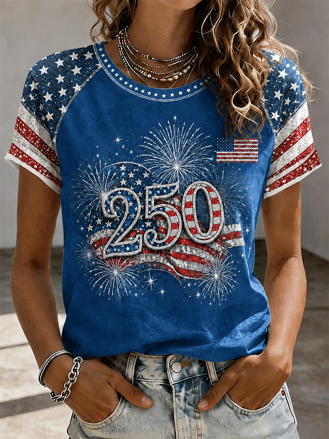 Women'S Retro Loose Short Sleeved T-Shirt With American Flag Print