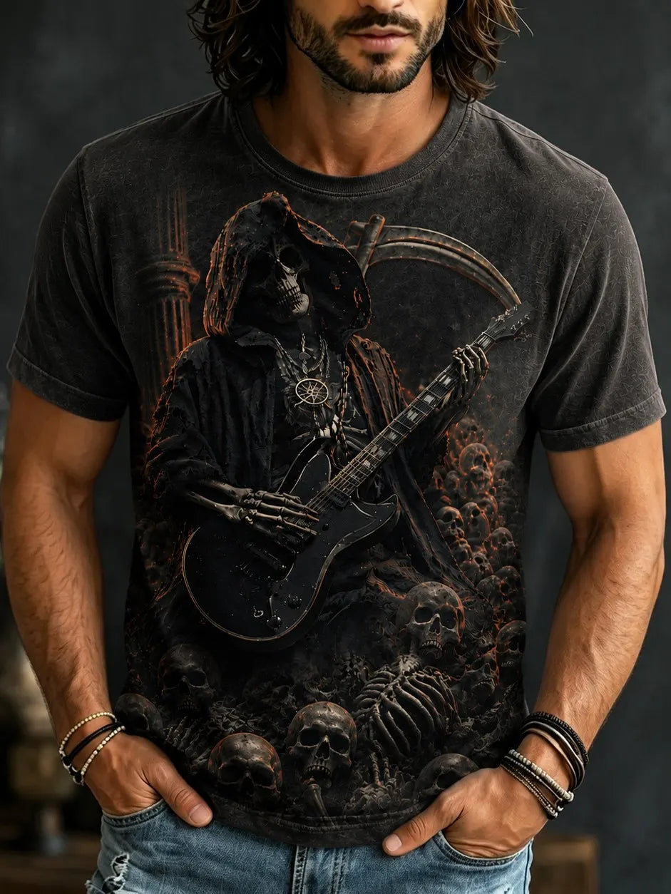 Men's Retro Halloween Theme Rock Skull Print T-shirt