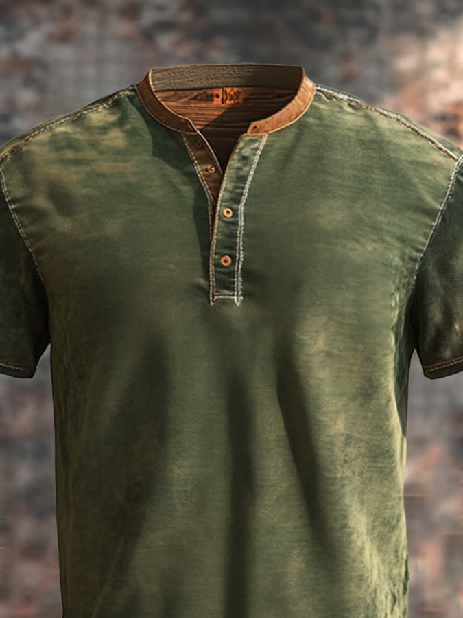 Men's retro colorblock slim fit short sleeve Henley T-shirt