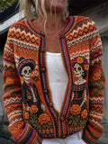 Women's Day Of The Dead Catrina Charro Skeleton Pair Floral Geometric Compositions Print Knit Cardigan