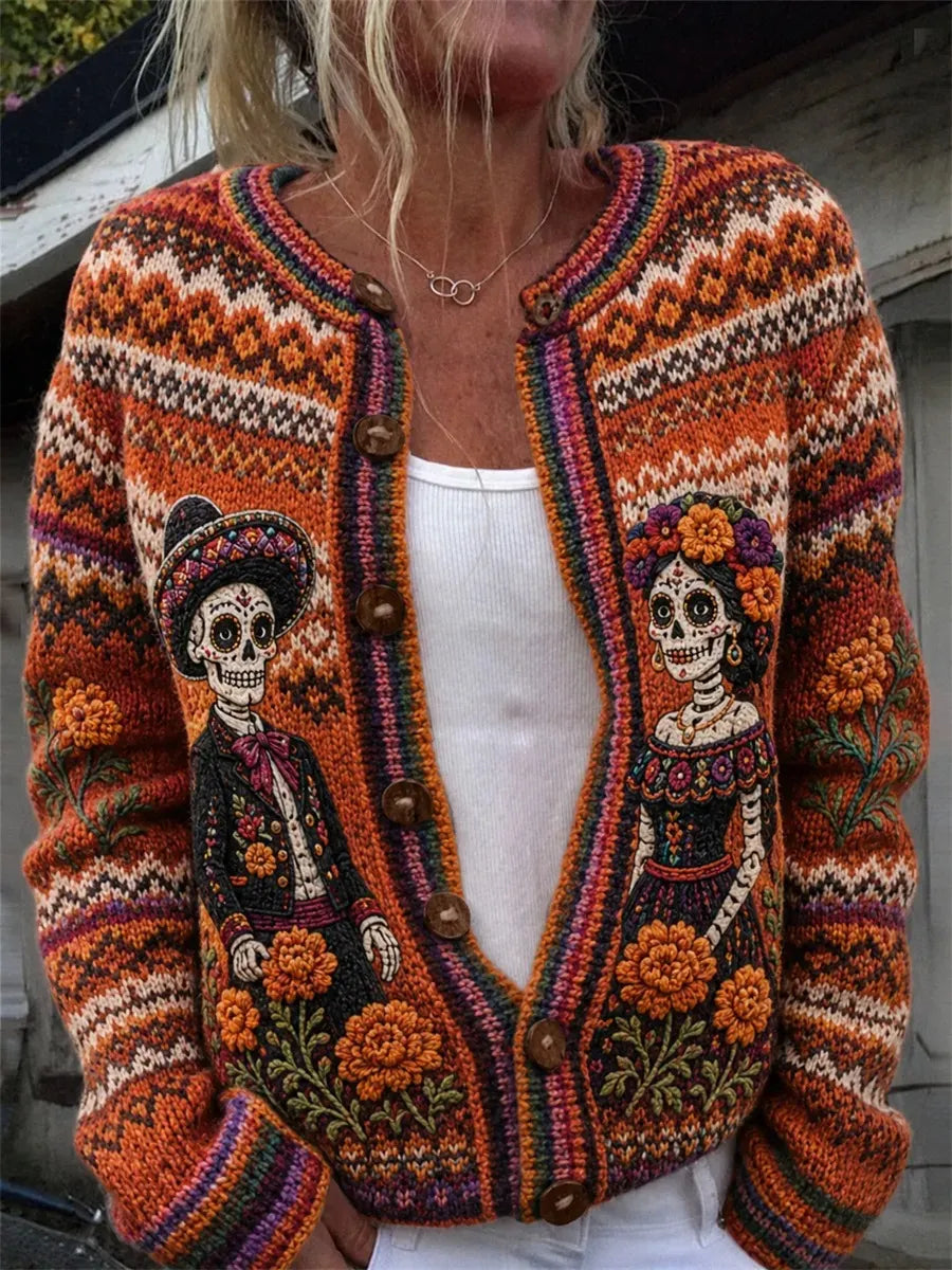 Women's Day Of The Dead Catrina Charro Skeleton Pair Floral Geometric Compositions Print Knit Cardigan