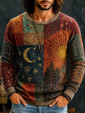 Men's Vintage Quilt‐Style Star Crescent And Sun Graphics Print Round Neck Sweater