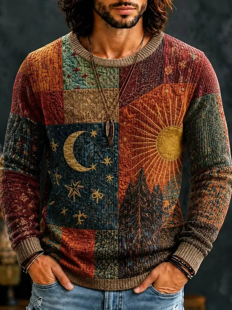 Men's Vintage Quilt‐Style Star Crescent And Sun Graphics Print Round Neck Sweater