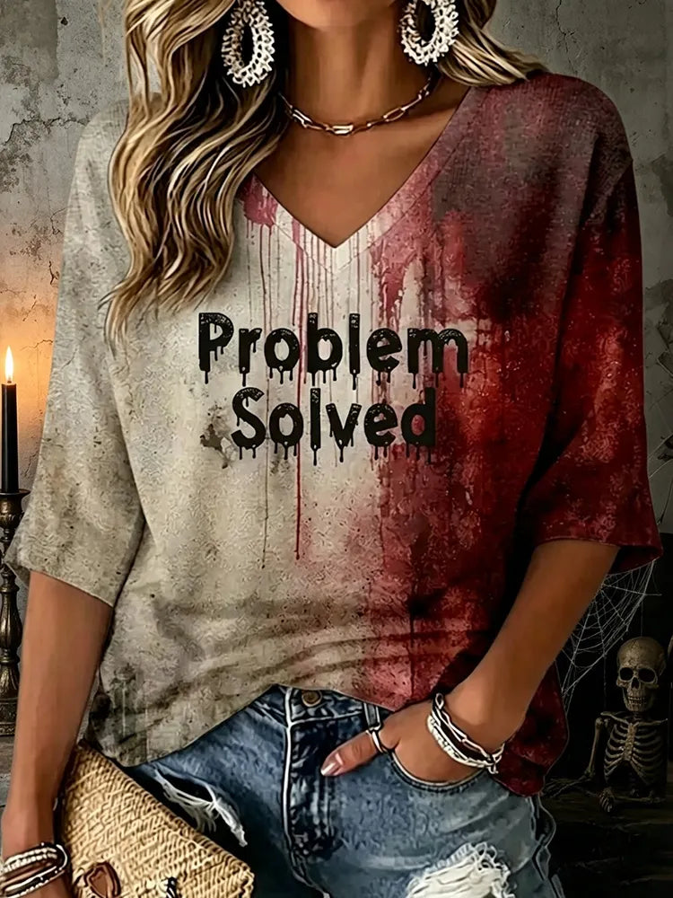 Women's Problem Solved With Blood Printed Mid-length Sleeves V-neck T-shirt