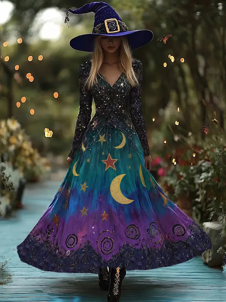 Women's Halloween Gradient Tarot Star Moon Design  Maxi Dress