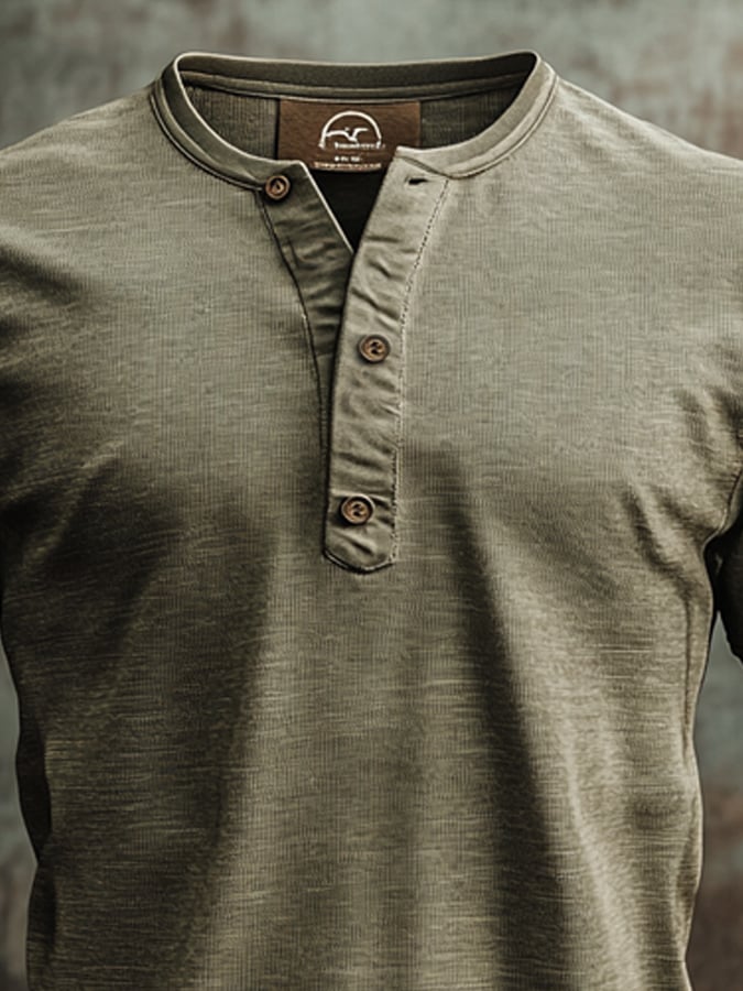 Men's vintage-style Henley print short-sleeved T-shirt
