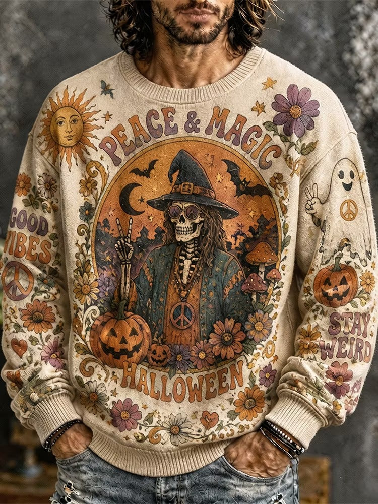 Men's Vintage Distressed Bohemian Style Peace & Magic Hippie Halloween Skull Crew Neck Long-sleeved Sweater