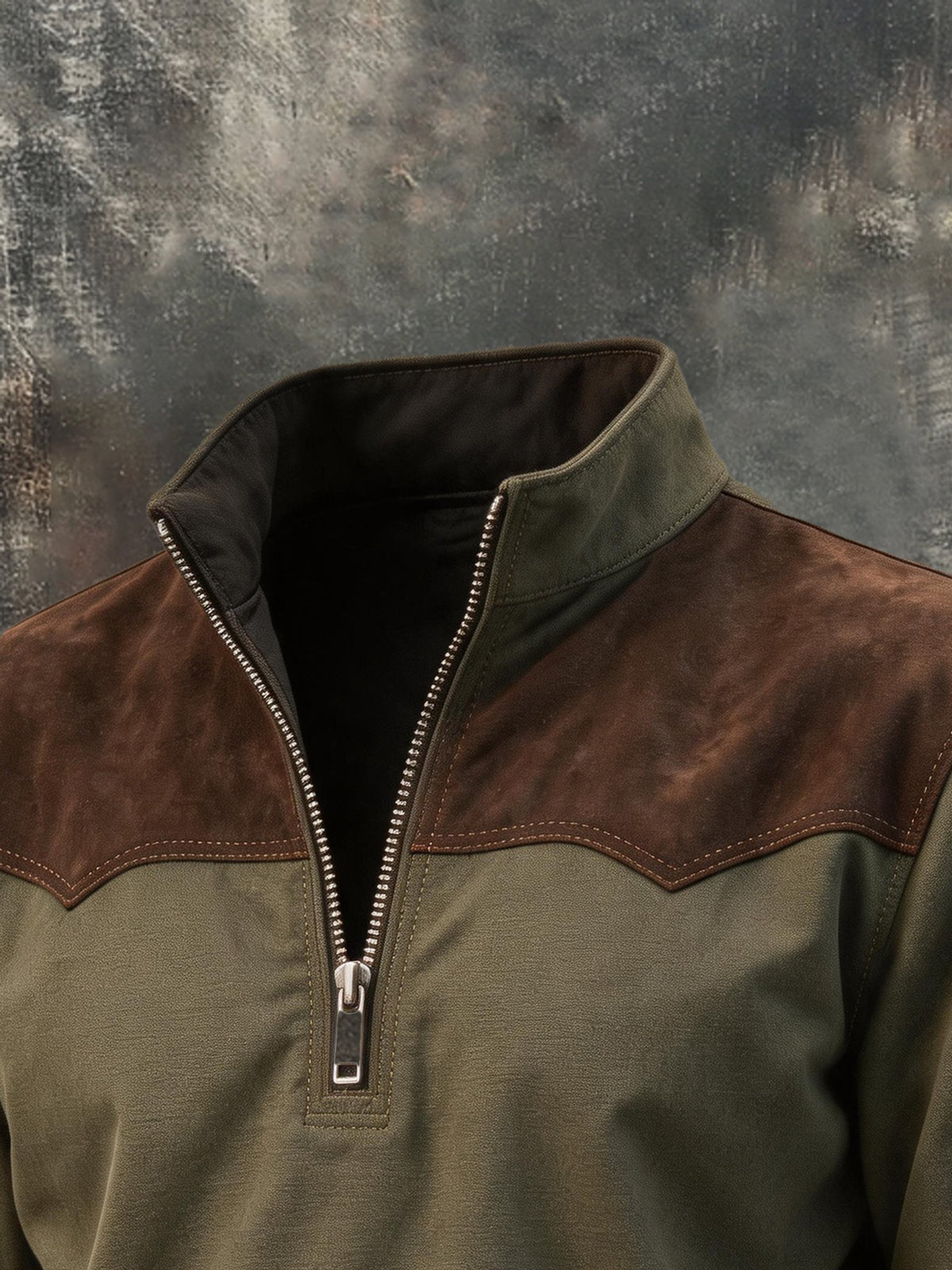 Men’s Vintage-Style Suede-Panel Colorblock Zip-Up Sweatshirt