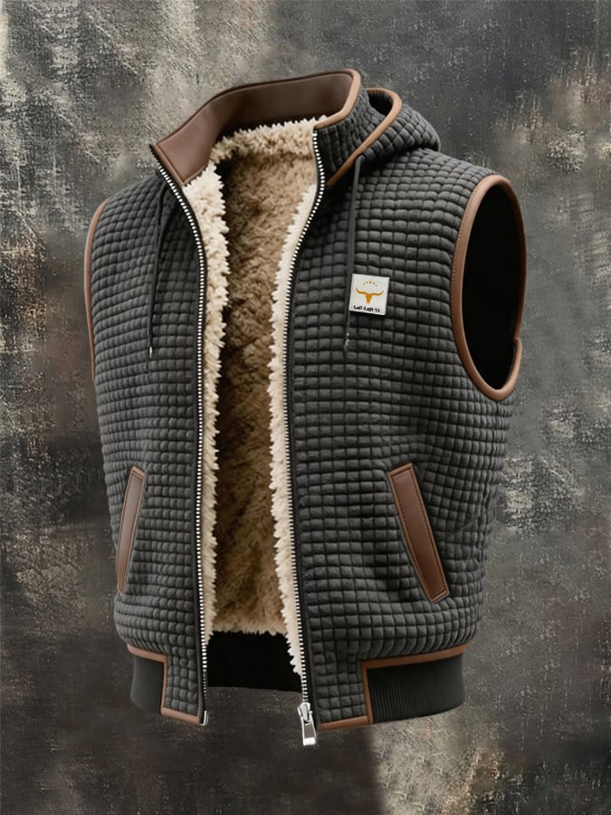 Men's Retro Leather-Panelled Insulated Outdoor Hooded Vest