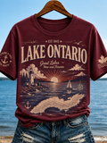 Women's Lake Ontario Graphic T-shirt - Sunset Landscape & Lighthouse Print