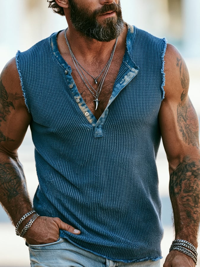 Men'S Fashion Color-Block Waffle-Knit Henley Tank Top With Raw Edges