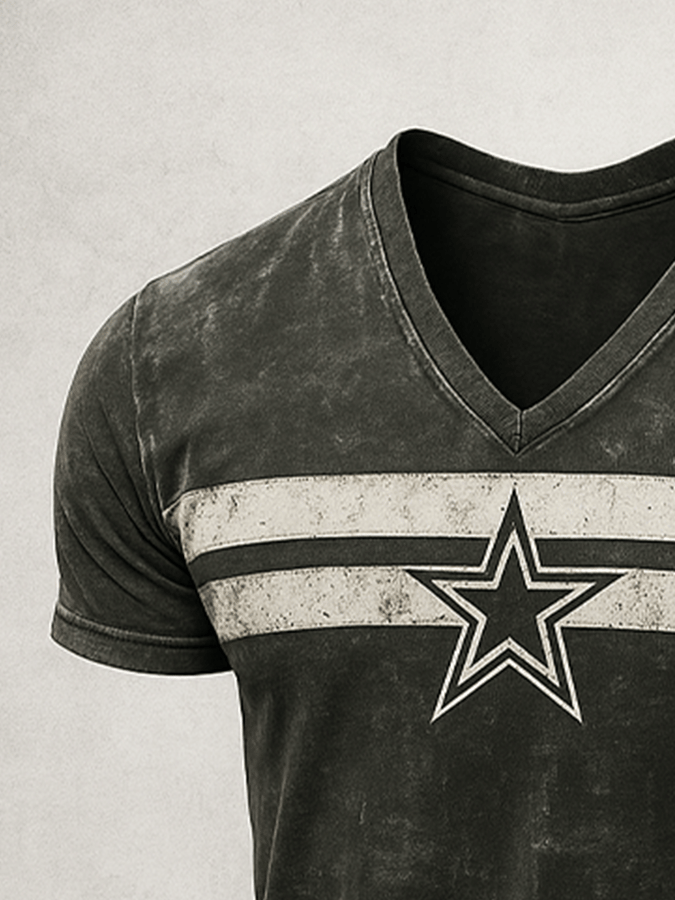 Men's Basic Casual Retro Washed Distressed Striped Contrast Stitching Short Sleeve V-Neck T-Shirt