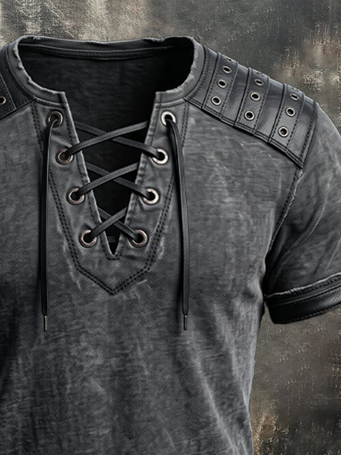 Men's Vintage Washed Cotton & Leather-Panel Lace-Up T-Shirt