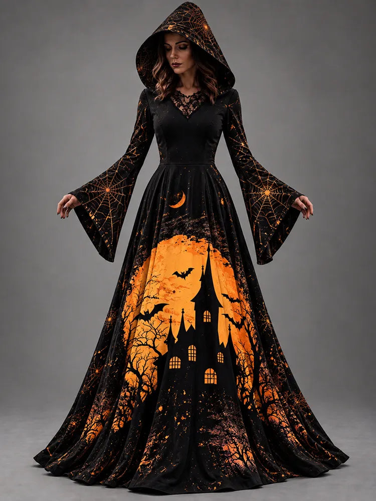 Women's Halloween Treehouse Art Long-sleeve Hooded Long Dress