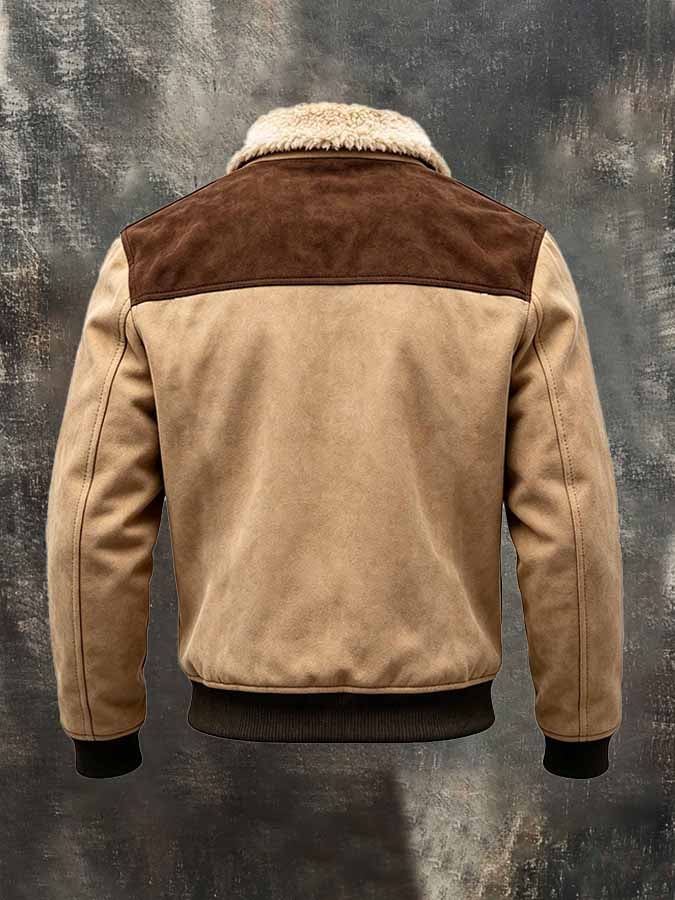 Men'S Vintage Western-Style Suede Color-Block Jacket With Fleece Lining