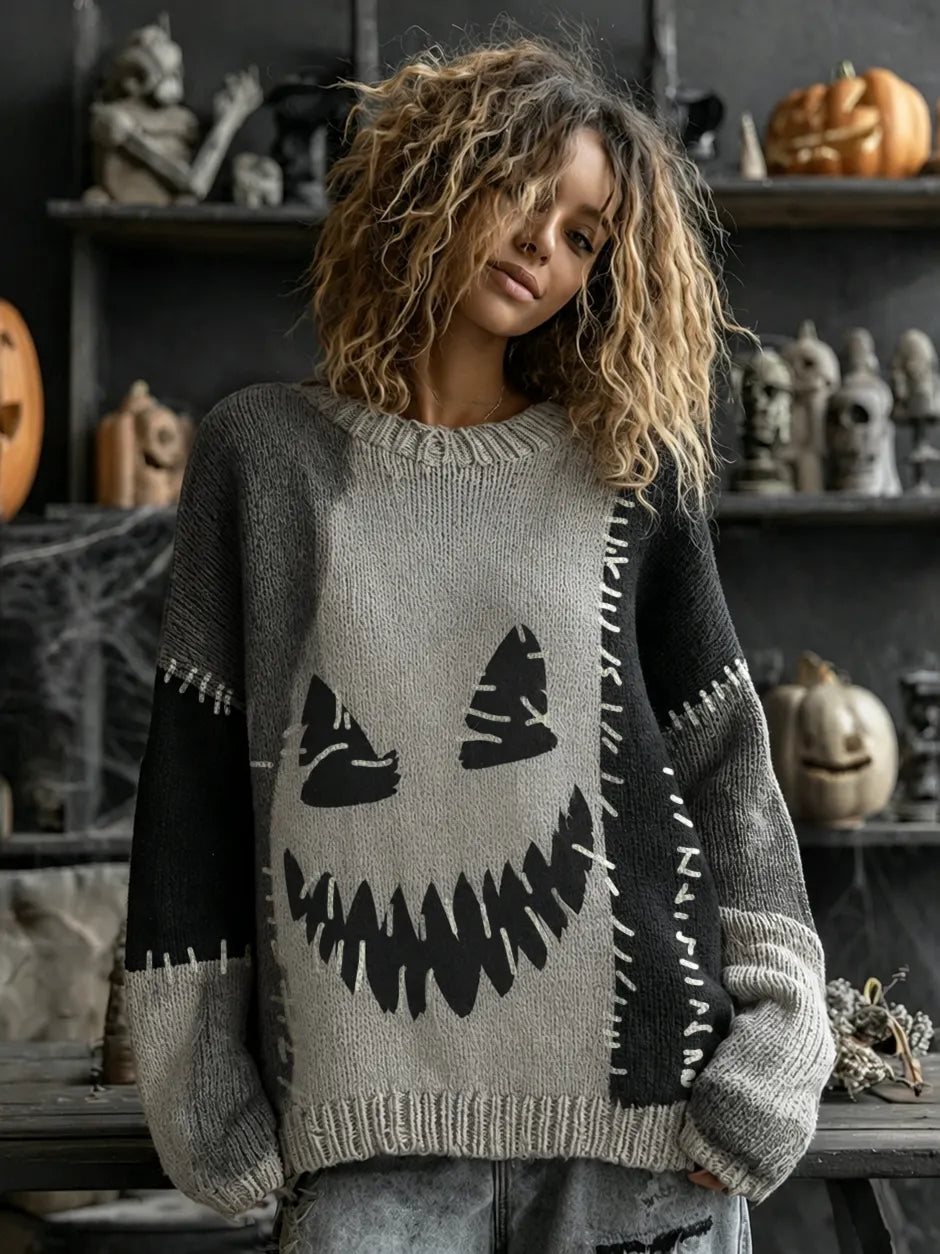 Halloween Spooky Face Contrast Stitched Cozy Knit Sweater