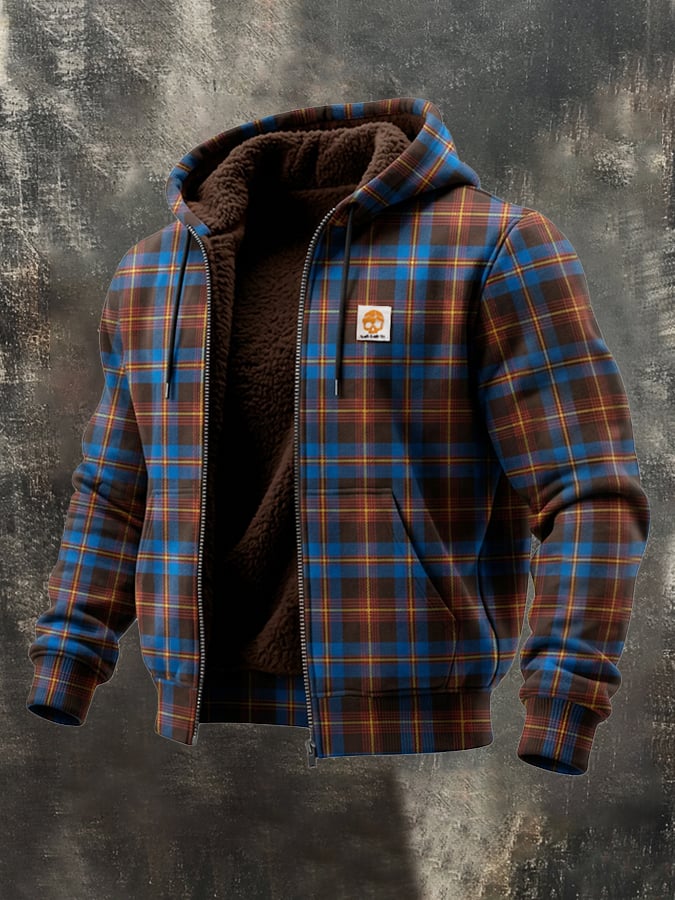 Men's Retro Plaid Print Fleece-Lined Warm Outdoor Jacket