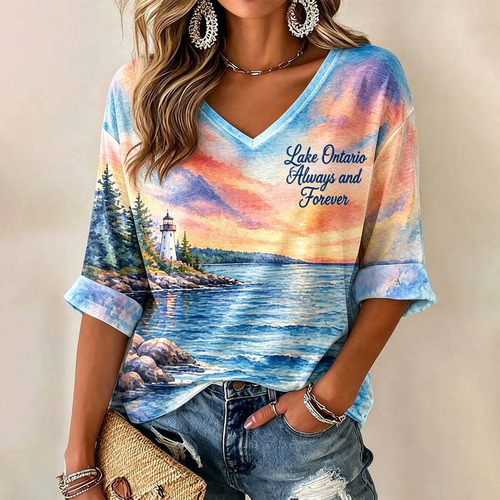 Women's Lake Ontario Always And Forever  Printed Mid-length Sleeves V-neck T-shirt