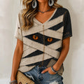 Women's Halloween Stitched Cat-eye Print V-neck T-shirt