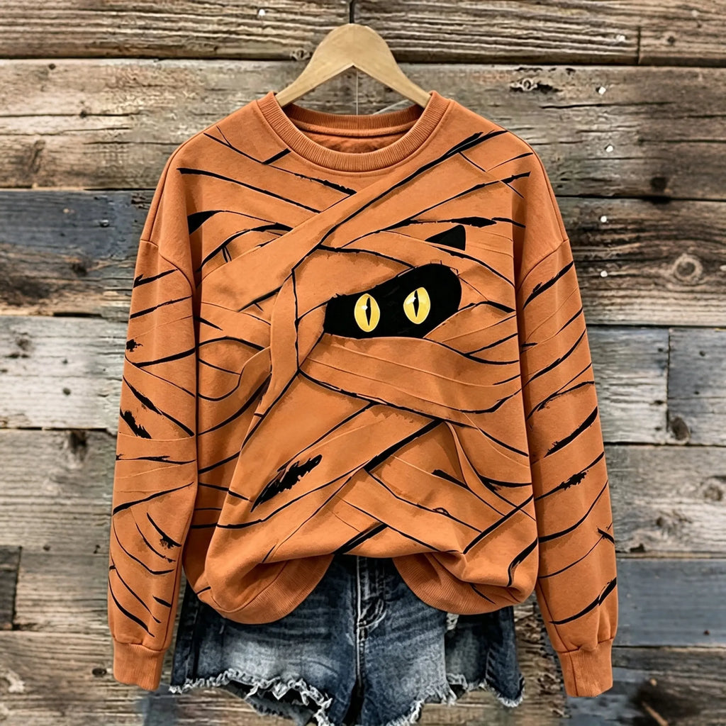 Women's Halloween Cute Mummy Black Cat Cartoon Style Print Casual Sweatshirt