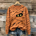 Women's Halloween Cute Mummy Black Cat Cartoon Style Print Casual Sweatshirt