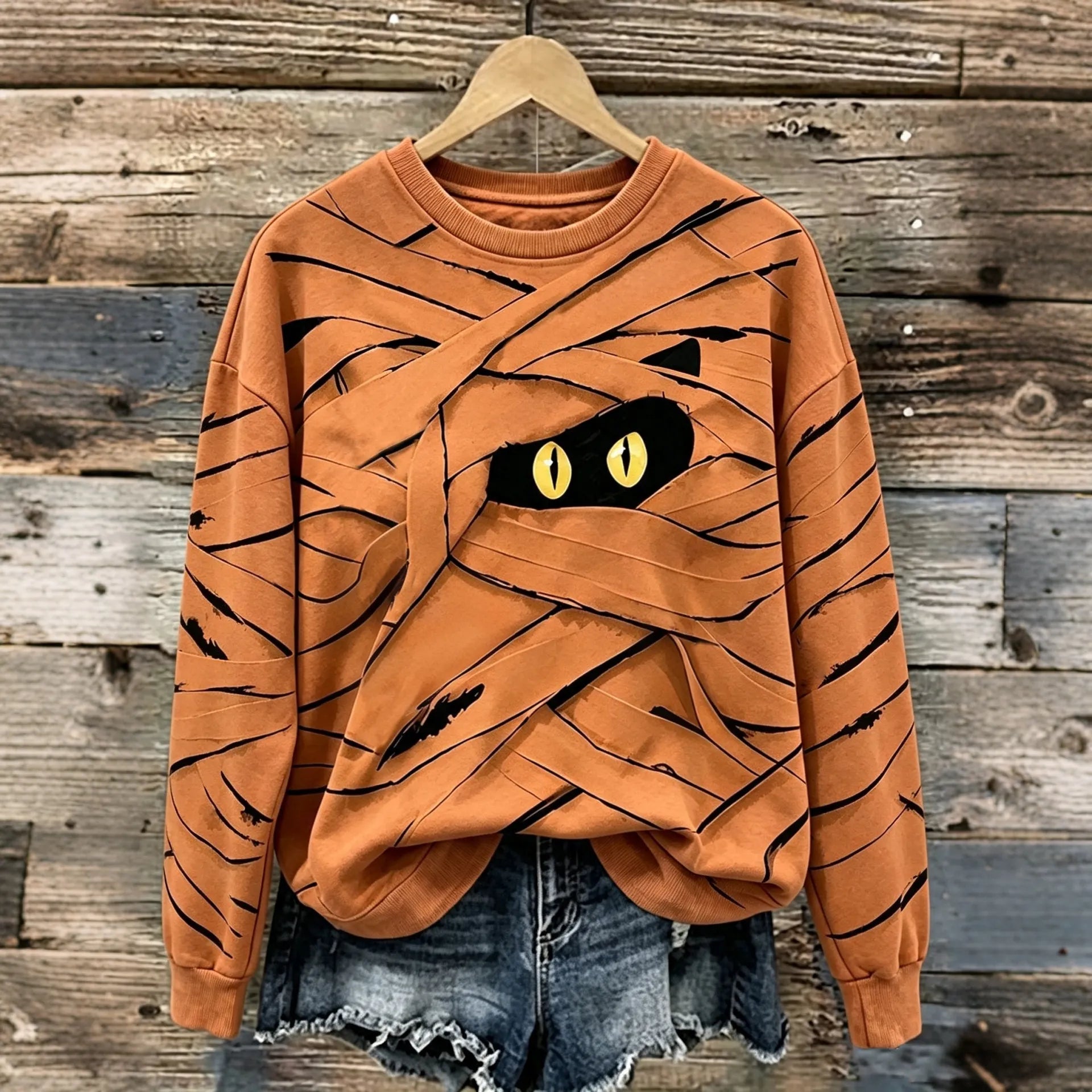 Women's Halloween Cute Mummy Black Cat Cartoon Style Print Casual Sweatshirt