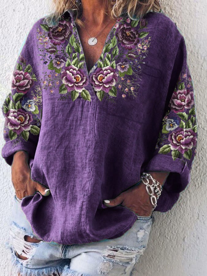 Women's Cotton And Linen Purple Floral V-Neck Top