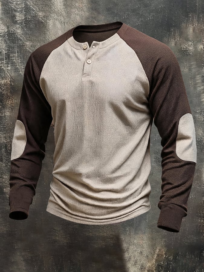 Men's Retro Color-Block Waffle-Knit Henley Shirt