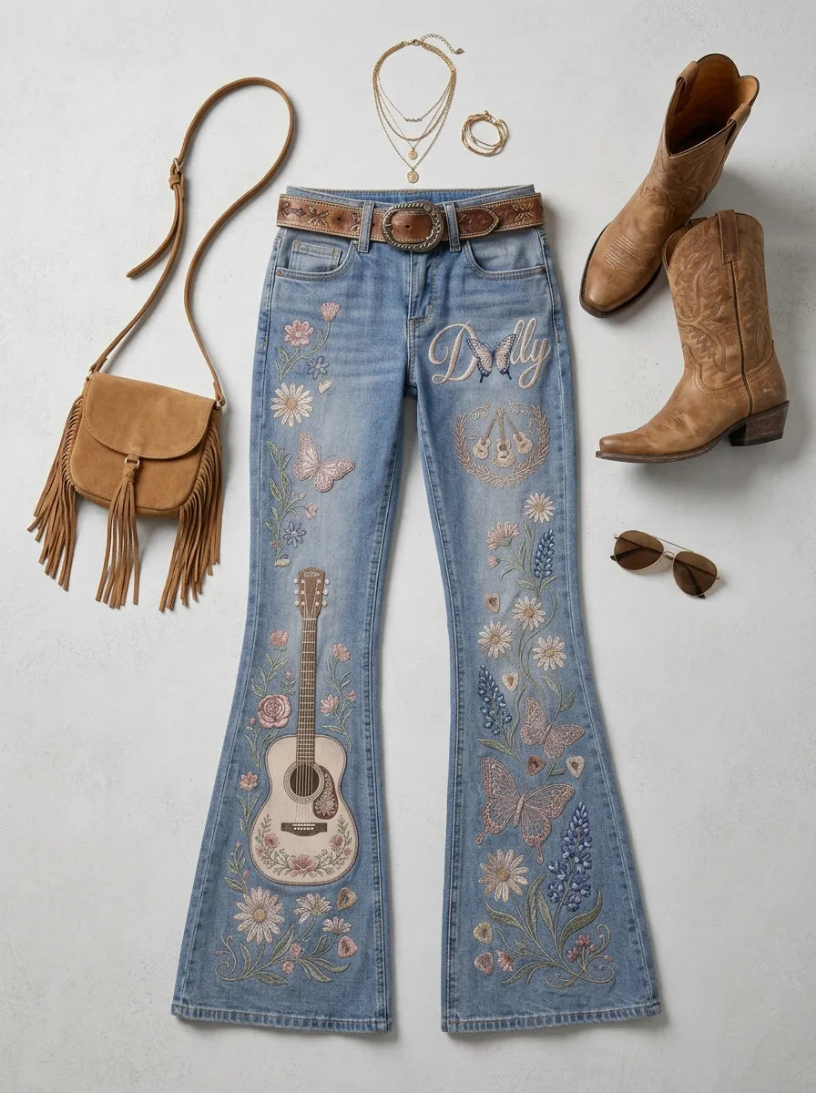 Women's Dolly Parton Guitar Butterfly Floral Printed Flare Jeans