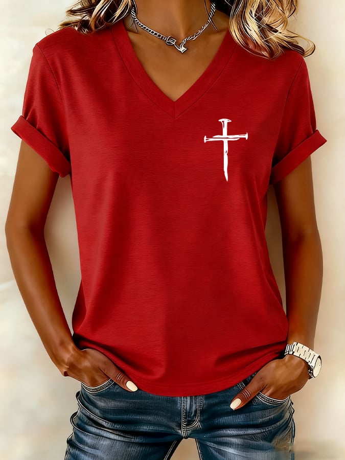 Women's Cross Print V-Neck T-Shirt